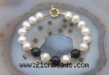 CFB1057 Hand-knotted 9mm - 10mm potato white freshwater pearl & black obsidian bracelet