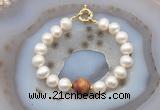 CFB1068 Hand-knotted 9mm - 10mm potato white freshwater pearl & picasso jasper bracelet