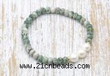 CFB716 faceted rondelle Qinghai jade & potato white freshwater pearl stretchy bracelet