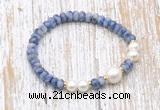 CFB720 faceted rondelle blue spot stone & potato white freshwater pearl stretchy bracelet