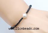 CFB827 4mm faceted round black spinel & potato white freshwater pearl bracelet