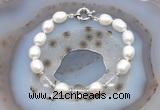 CFB908 Hand-knotted 9mm - 10mm rice white freshwater pearl & white crystal bracelet