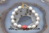 CFB920 Hand-knotted 9mm - 10mm rice white freshwater pearl & red banded agate bracelet