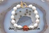 CFB921 Hand-knotted 9mm - 10mm rice white freshwater pearl & red banded agate bracelet