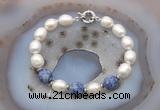 CFB942 Hand-knotted 9mm - 10mm rice white freshwater pearl & blue spot stone bracelet
