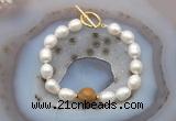 CFB951 Hand-knotted 9mm - 10mm rice white freshwater pearl & wooden jasper bracelet