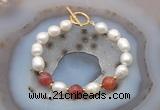 CFB961 Hand-knotted 9mm - 10mm rice white freshwater pearl & fire agate bracelet