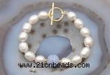 CFB971 Hand-knotted 9mm - 10mm rice white freshwater pearl & blue lace agate bracelet