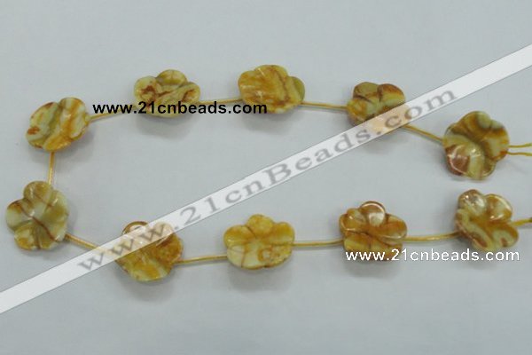 CFG17 15.5 inches 24mm carved flower yellow crazy lace agate beads