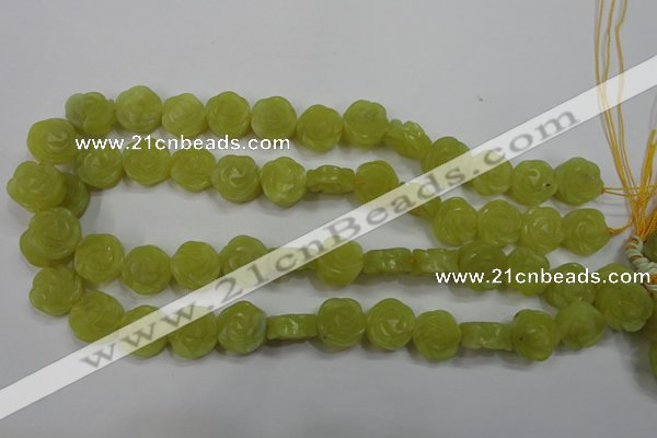 CFG887 15.5 inches 14mm carved flower lemon jade gemstone beads