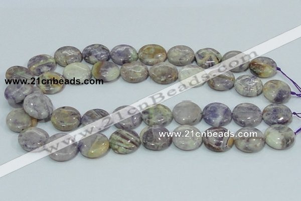 CFJ01 15.5 inches 20mm flat round natural purple flower stone beads