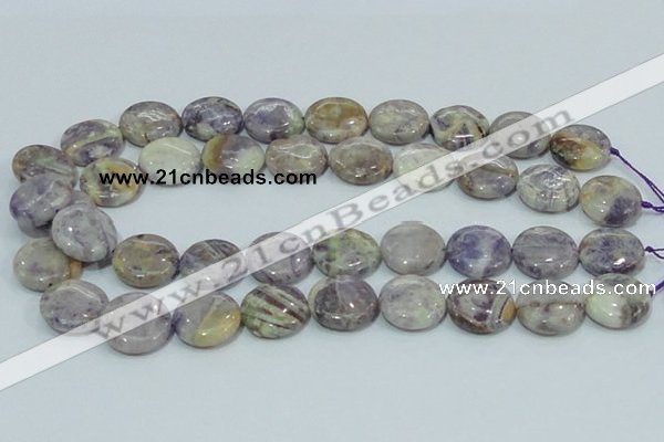 CFJ17 15.5 inches 18mm flat round natural purple flower stone beads