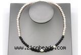 CFN121 potato white freshwater pearl & black lava necklace, 16 - 24 inches