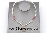 CFN163 baroque white freshwater pearl & pink wooden jasper necklace with pendant