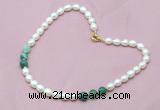 CFN309 Rice white freshwater pearl & green banded agate necklace, 16 - 24 inches