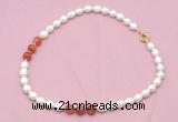 CFN311 9 - 10mm rice white freshwater pearl & fire agate necklace wholesale