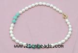 CFN314 9 - 10mm rice white freshwater pearl & amazonite necklace wholesale