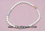 CFN318 9 - 10mm rice white freshwater pearl & morganite necklace wholesale