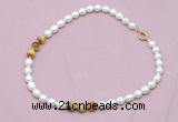 CFN319 9 - 10mm rice white freshwater pearl & golden tiger eye necklace wholesale