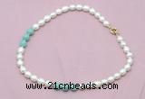 CFN325 9 - 10mm rice white freshwater pearl & amazonite necklace wholesale