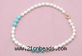 CFN326 9 - 10mm rice white freshwater pearl & blue howlite necklace wholesale