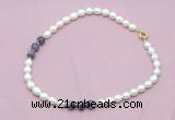 CFN333 9 - 10mm rice white freshwater pearl & dogtooth amethyst necklace wholesale