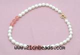 CFN334 9 - 10mm rice white freshwater pearl & cherry quartz necklace wholesale