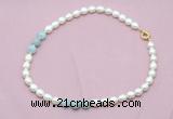 CFN335 9 - 10mm rice white freshwater pearl & aquamarine necklace wholesale