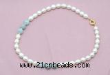 CFN335 9 - 10mm rice white freshwater pearl & aquamarine necklace wholesale