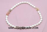 CFN337 9 - 10mm rice white freshwater pearl & rainbow moonstone necklace wholesale