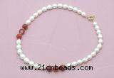 CFN344 9 - 10mm rice white freshwater pearl & red banded agate necklace wholesale