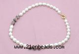CFN345 9 - 10mm rice white freshwater pearl & rhodonite necklace wholesale