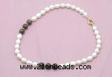 CFN346 9 - 10mm rice white freshwater pearl & bronzite necklace wholesale