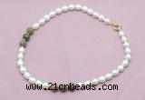 CFN347 9 - 10mm rice white freshwater pearl & unakite necklace wholesale