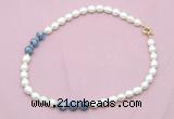 CFN350 9 - 10mm rice white freshwater pearl & blue spot stone necklace wholesale