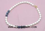 CFN351 9 - 10mm rice white freshwater pearl & dumortierite necklace wholesale