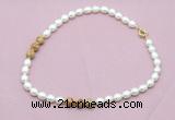 CFN355 9 - 10mm rice white freshwater pearl & picture jasper necklace wholesale