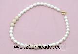 CFN359 9 - 10mm rice white freshwater pearl & white fossil jasper necklace wholesale