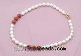 CFN361 9 - 10mm rice white freshwater pearl & red jasper necklace wholesale