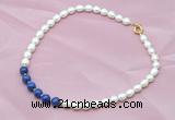 CFN403 9-10mm rice white freshwater pearl & lapis lazuli necklace