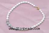 CFN404 9-10mm rice white freshwater pearl & grey banded agate necklace