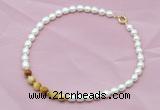 CFN409 9-10mm rice white freshwater pearl & golden tiger eye necklace