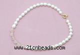 CFN414 9 - 10mm rice white freshwater pearl & rose quartz necklace