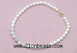 CFN415 9 - 10mm rice white freshwater pearl & morganite necklace