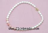 CFN417 9 - 10mm rice white freshwater pearl & pink opal necklace