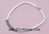 CFN418 9 - 10mm rice white freshwater pearl & labradorite necklace