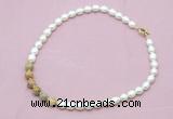 CFN425 9 - 10mm rice white freshwater pearl & yellow crazy lace agate necklace