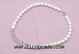 CFN431 9 - 10mm rice white freshwater pearl & white crystal necklace