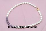 CFN432 9 - 10mm rice white freshwater pearl & amethyst gemstone necklace