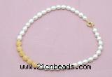 CFN442 9 - 10mm rice white freshwater pearl & honey jade necklace